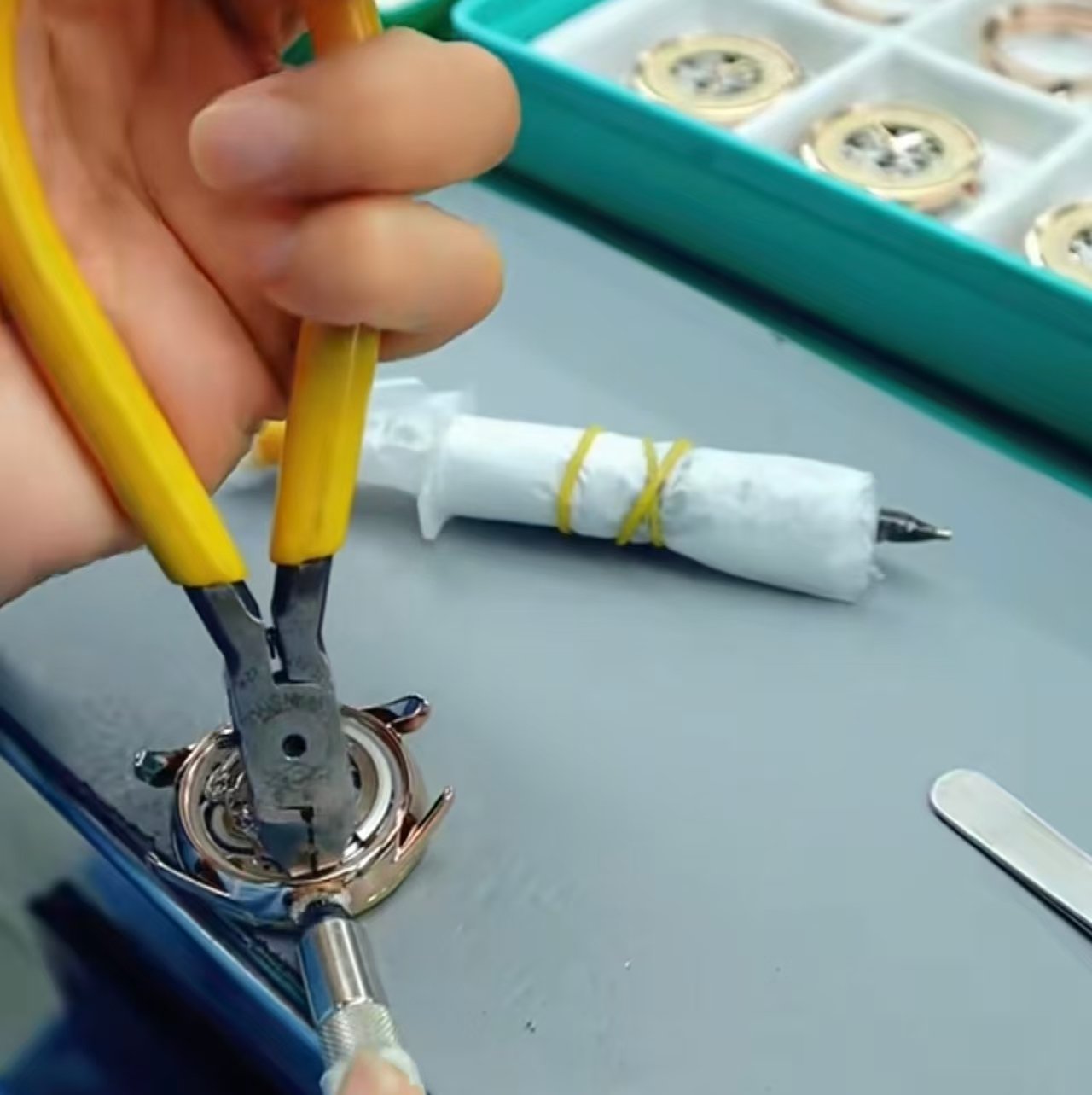 A watch being assembled in the workshop