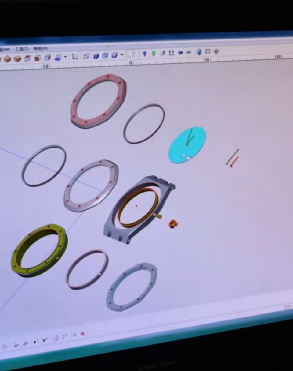 Precision equipment displaying a 3D production program for watch components